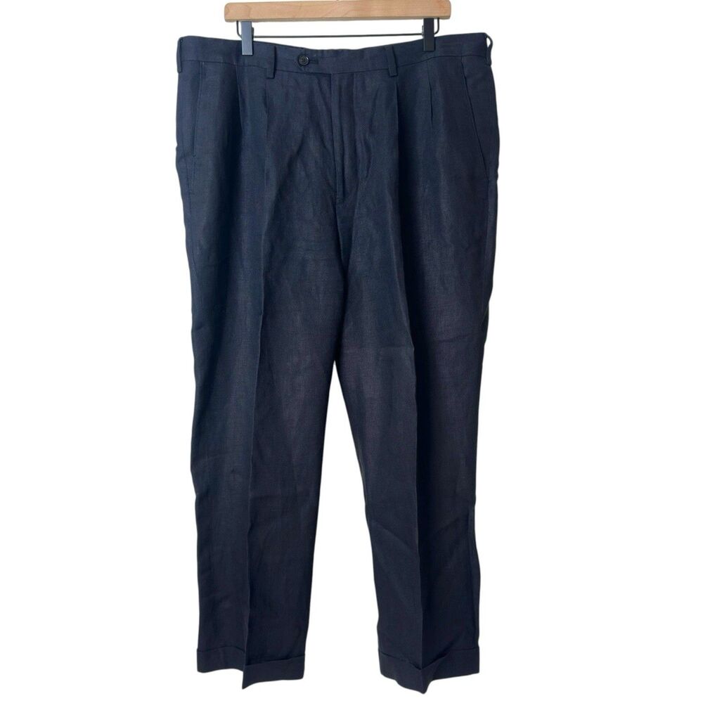 Paul Fredrick Pants Mens Sz 38 100% Linen Pleated Trousers Slacks Navy Blue